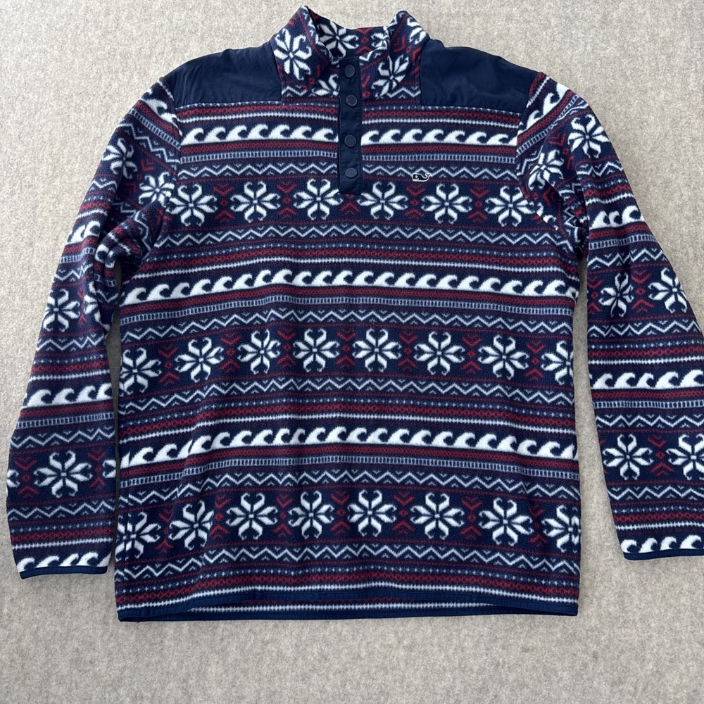 Vineyard Vines Fair Isle Wave Fleece Pullover Mens XL Blue Red Snap Mock Neck
